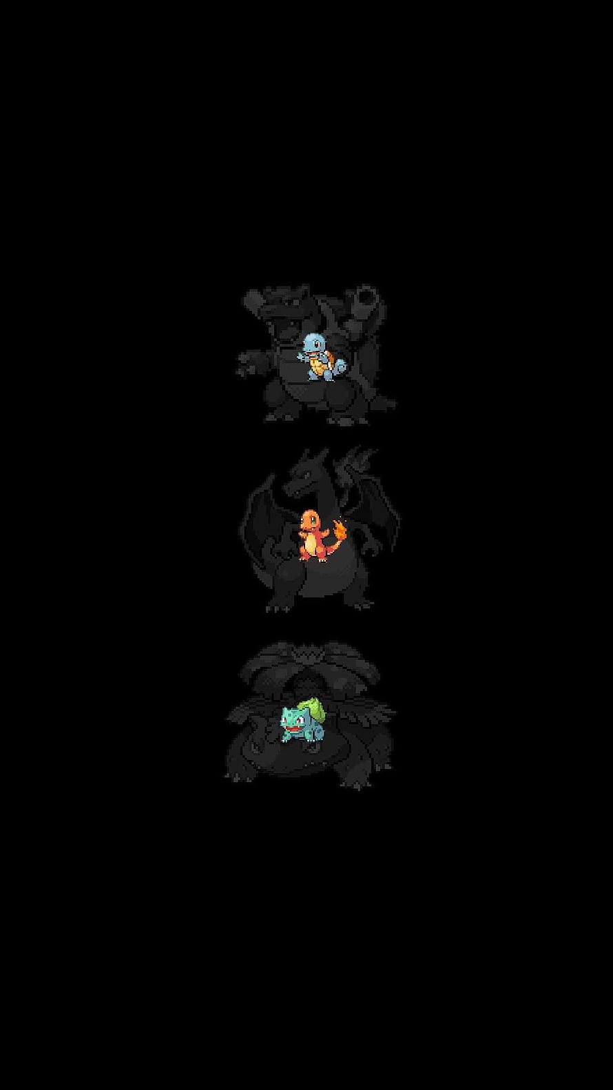 Pokemon Gen 1 Starters with Shadow Legendary Backdrops on Black Background HD phone wallpaper