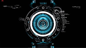 Tron Legacy Futuristic HUD Interface with Cyan Circular Clock and Weather Data on Black Background HD wallpaper