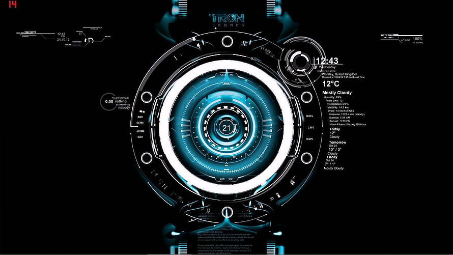 Tron Legacy Futuristic HUD Interface with Cyan Circular Clock and Weather Data on Black Background HD wallpaper