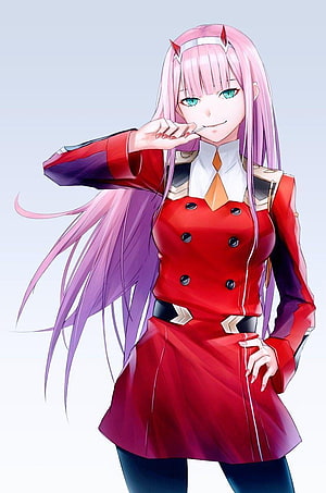 Zero Two from Darling in the Franxx in red uniform with pink hair and green eyes HD phone wallpaper