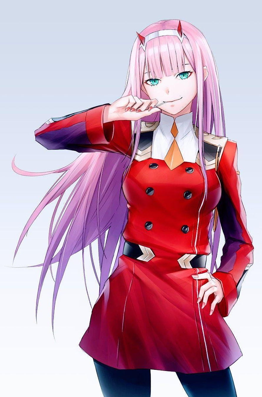 Zero Two from Darling in the Franxx in red uniform with pink hair and green eyes HD phone wallpaper