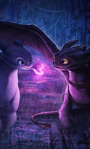 Night Fury and Light Fury Bonding in Rainy Night Scene from How To Train Your Dragon HD phone wallpaper