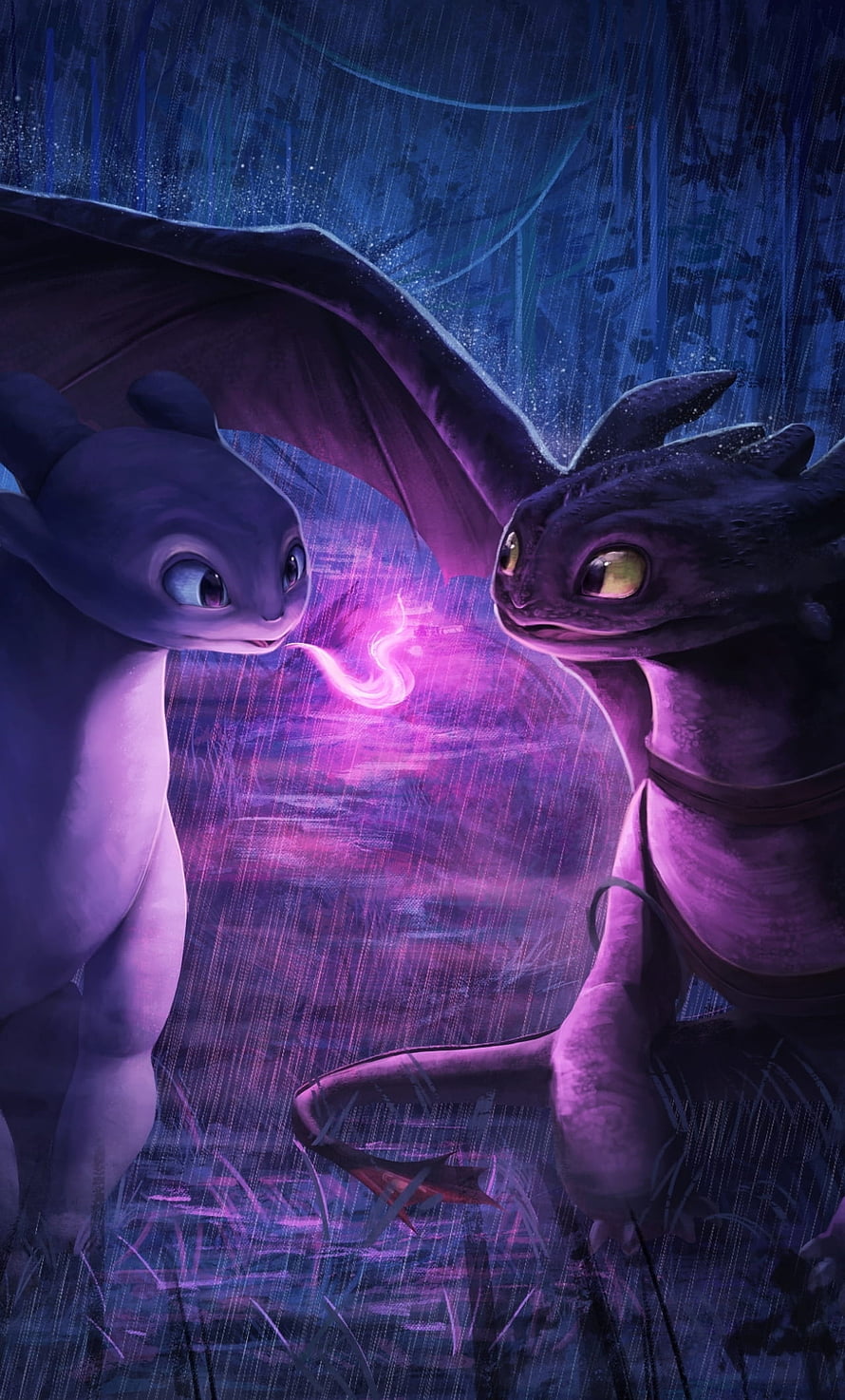 Night Fury and Light Fury Bonding in Rainy Night Scene from How To Train Your Dragon HD phone wallpaper