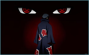 Itachi Uchiha in Akatsuki Cloak Facing Giant Sharingan Eyes in Dark Aesthetic Scene HD wallpaper