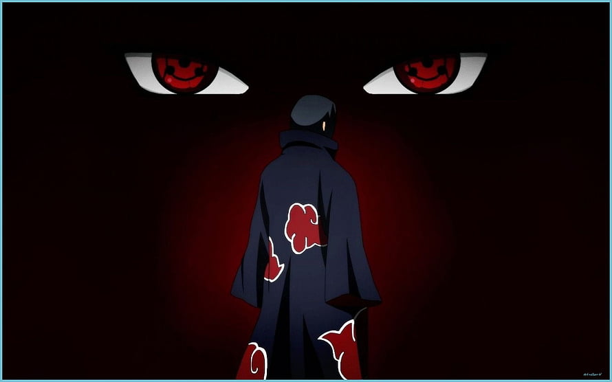 Itachi Uchiha in Akatsuki Cloak Facing Giant Sharingan Eyes in Dark Aesthetic Scene HD wallpaper