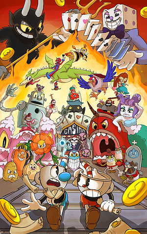 Cuphead and Mugman running away from casino bosses and enemies in a chaotic cartoon scene, Pin on Cuphead, cuphead and mugman HD phone wallpaper