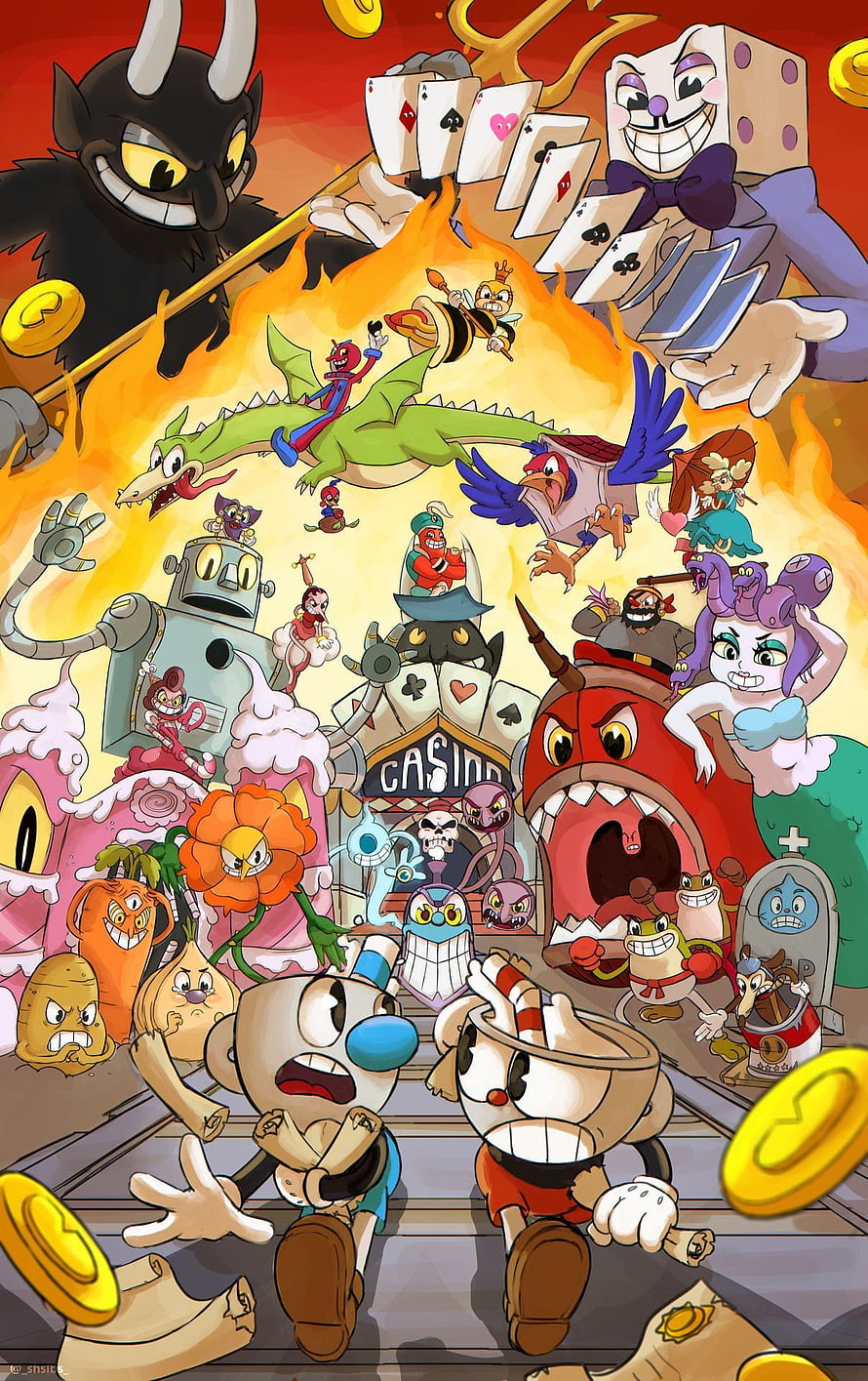 Cuphead and Mugman running away from casino bosses and enemies in a chaotic cartoon scene, Pin on Cuphead, cuphead and mugman HD phone wallpaper