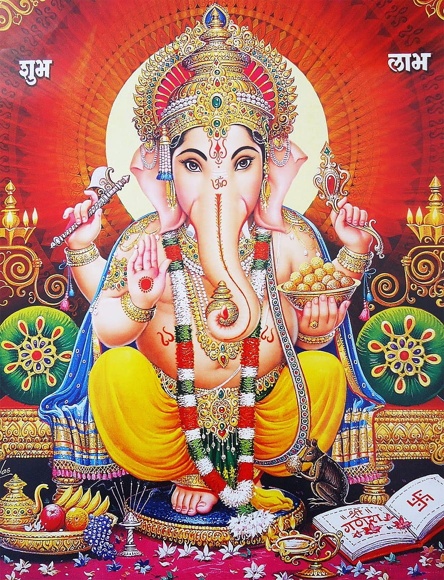 Karpaga Vinayagar Ganesha Devotional Artwork with Mouse and Sacred Offerings HD phone wallpaper