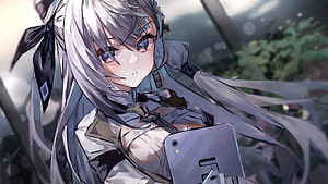 Vestia Zeta Anime Character with Silver Hair and Smartphone HD wallpaper