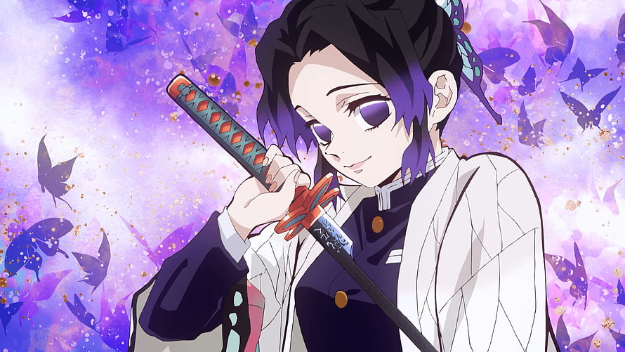 Shinobu Kocho from Demon Slayer Holding Her Katana Amidst Swirling Purple Butterflies HD wallpaper