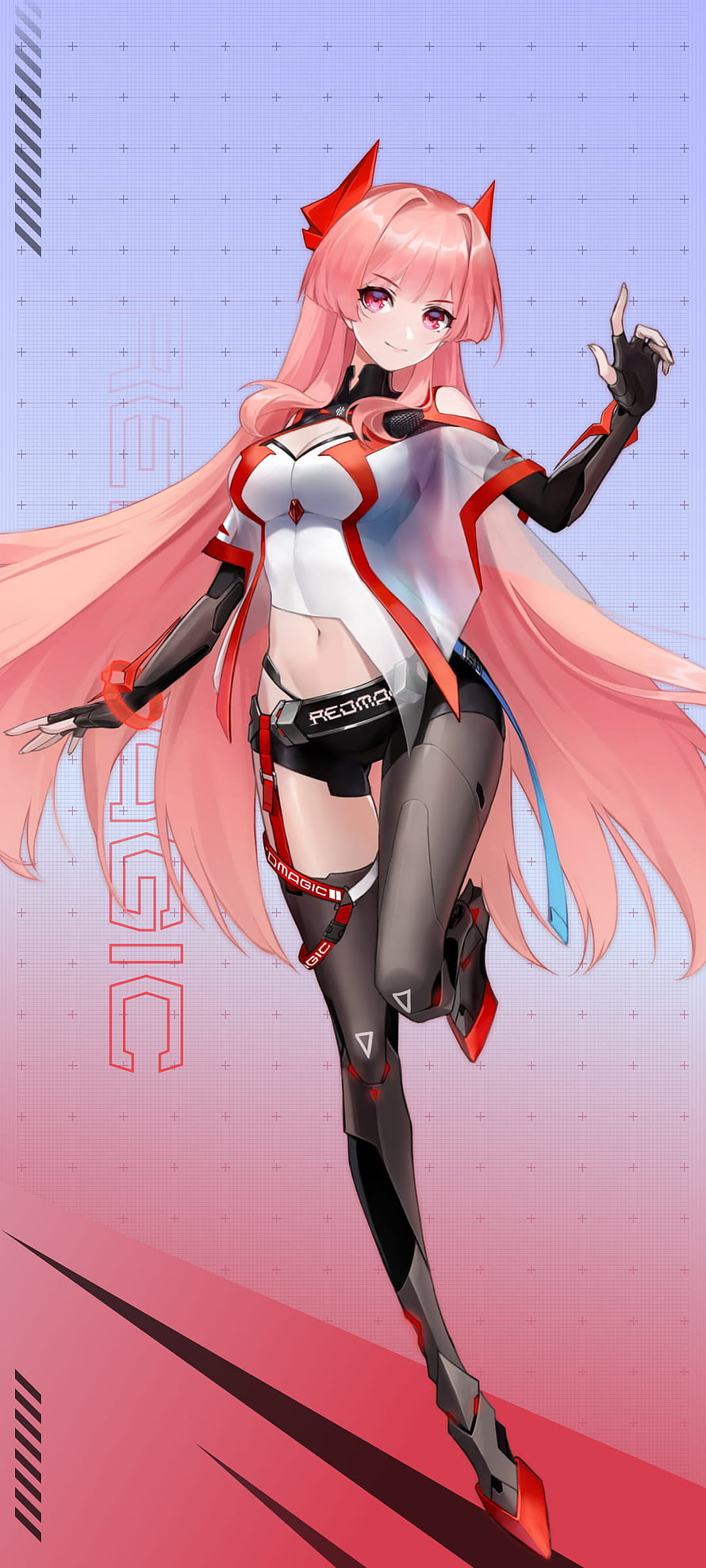 Red Magic Anime Girl Mascot in Futuristic Tech Suit with Pink Hair and Red Accents HD phone wallpaper
