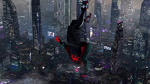 Miles Morales Spider-Man swinging upside down through a futuristic neon city skyline at night, Spider Man Miles Morales Live HD wallpaper