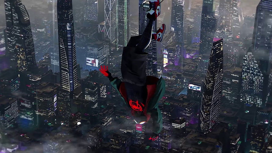 Miles Morales Spider-Man swinging upside down through a futuristic neon city skyline at night, Spider Man Miles Morales Live HD wallpaper