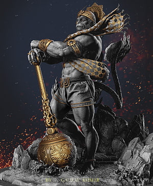 Hanuman Statue Sculpture with Mace and Golden Crown on Rocky Base, Gaurav Kumar, jai shree ram HD phone wallpaper
