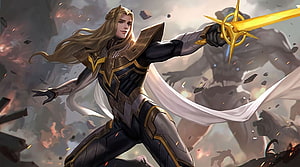 Lancelot from Mobile Legends in dynamic battle pose wielding a golden sword amid a chaotic battlefield HD wallpaper