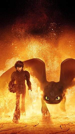 Hiccup and Toothless Walking Through Fire in How to Train Your Dragon 3 HD phone wallpaper
