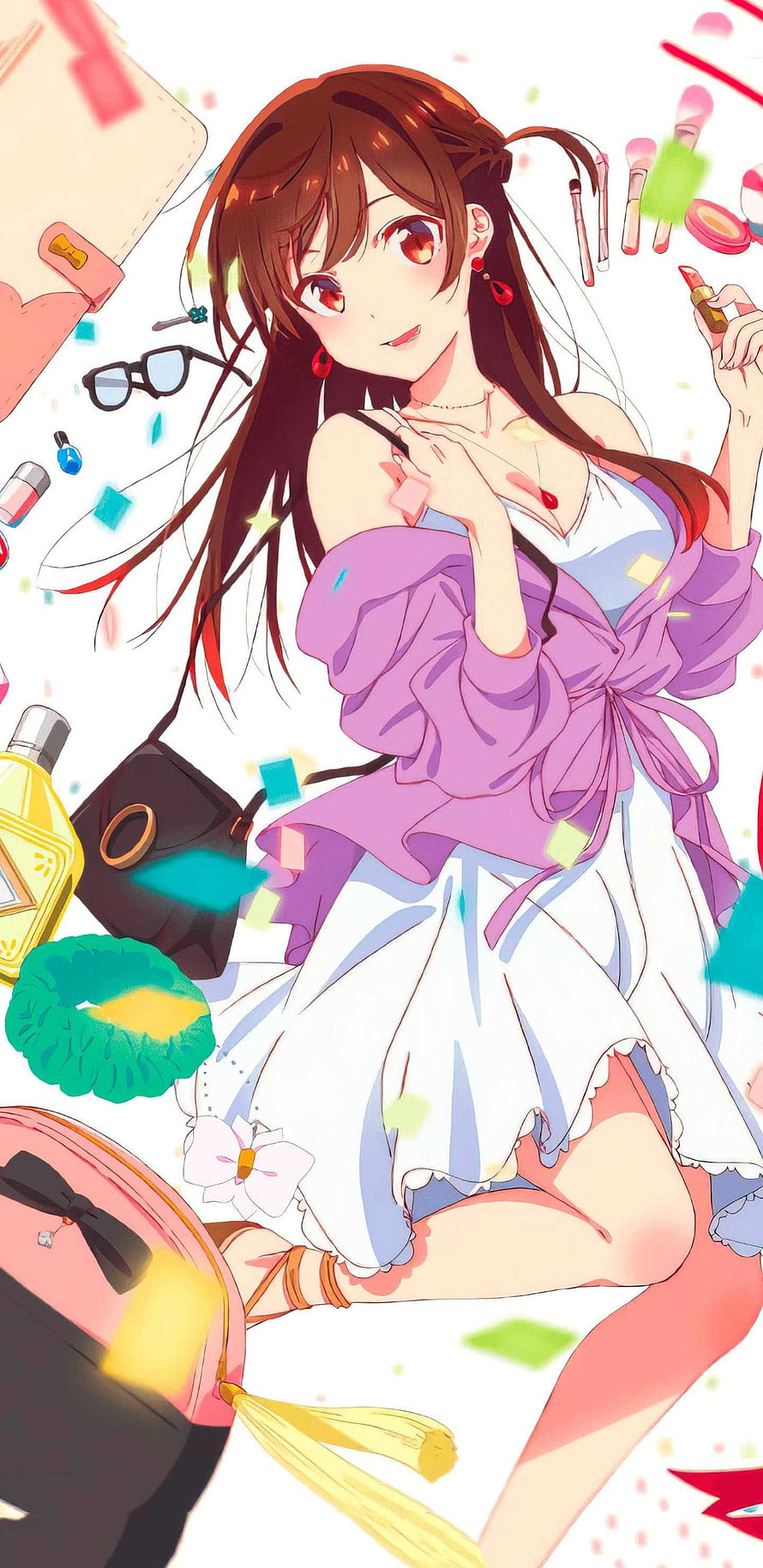 Anime Girl With Makeup And Cosmetics In Purple Cardigan HD phone wallpaper