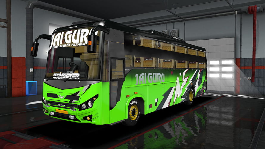 Green and Black Custom Coach Bus with Jai Guru Livery in Garage HD wallpaper