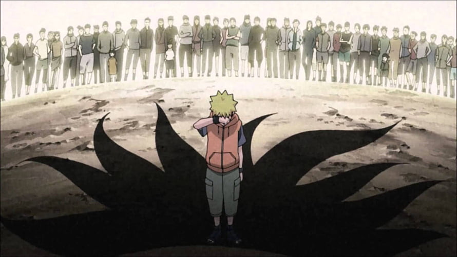 Naruto Uzumaki Standing Alone in Shadow with Crowd Watching in Anime Scene HD wallpaper
