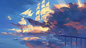Anime Style Airship Flying Through Sunset Clouds With Girl Watching From Pier HD wallpaper