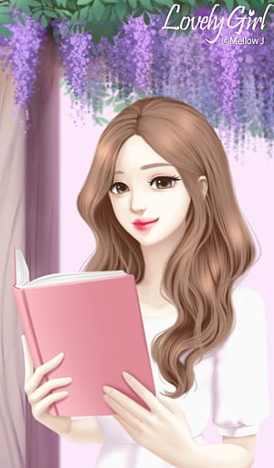 Lovely Girl Digital Illustration: Cute Anime Girl Reading a Pink Book Under Purple Wisteria Flowers HD phone wallpaper