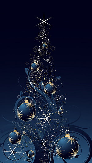 Elegant Blue Christmas Tree with Gold Ornaments and Sparkling Stars on Dark Background HD phone wallpaper
