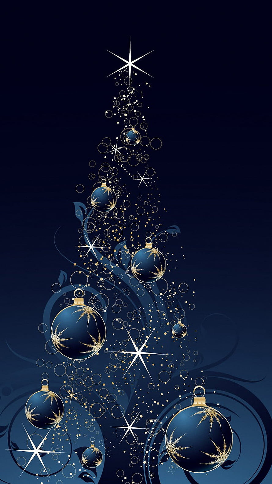 Elegant Blue Christmas Tree with Gold Ornaments and Sparkling Stars on Dark Background HD phone wallpaper