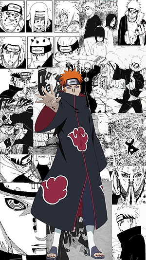 Pain Anime Character in Akatsuki Cloak with Manga Panel Collage Background HD phone wallpaper