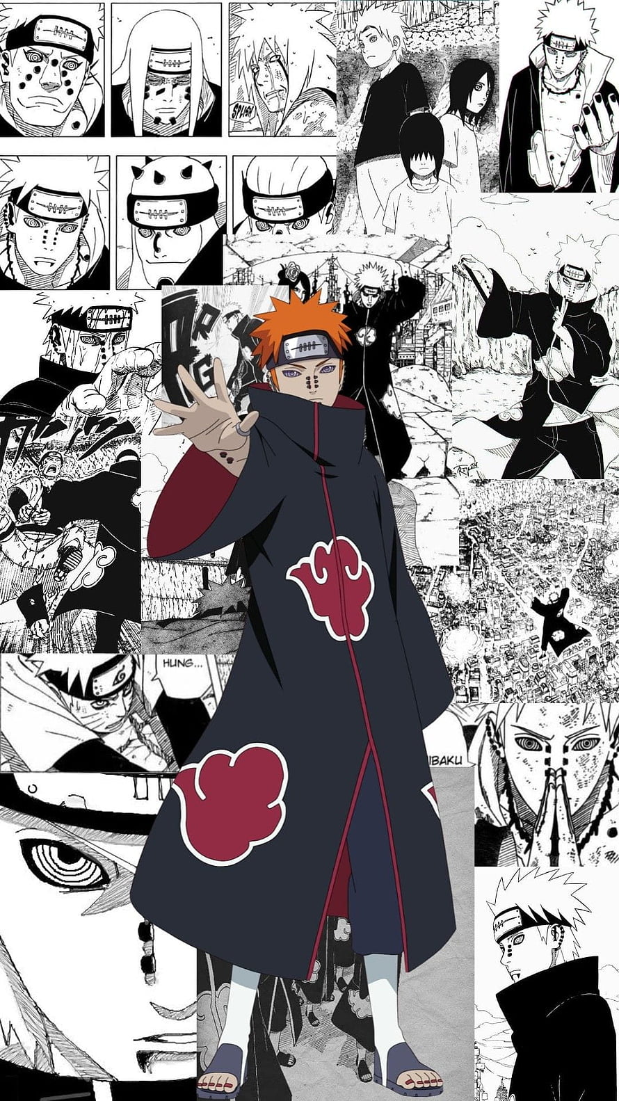Pain Anime Character in Akatsuki Cloak with Manga Panel Collage Background HD phone wallpaper