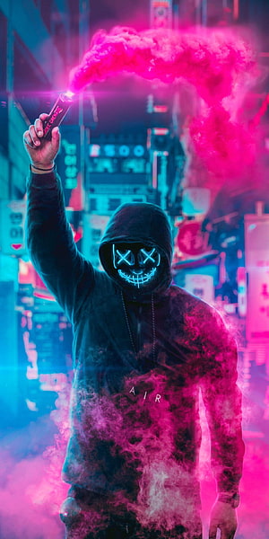 Cyberpunk Hooded Figure with Glowing LED Mask and Pink Smoke in Neon City HD phone wallpaper