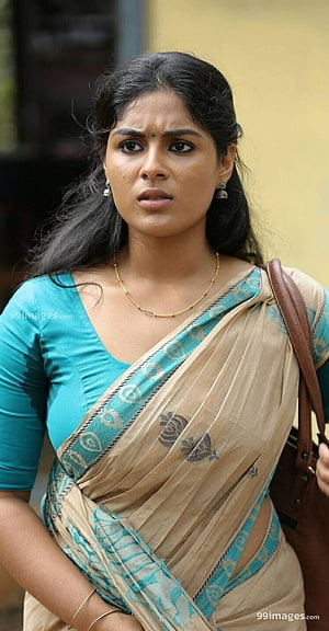 Samyuktha Menon in a beige and teal sari with gold jewelry and a brown shoulder bag HD phone wallpaper