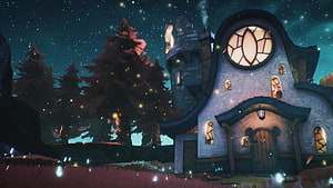 The Owl House Nighttime Exterior with Glowing Windows and Starry Sky HD wallpaper