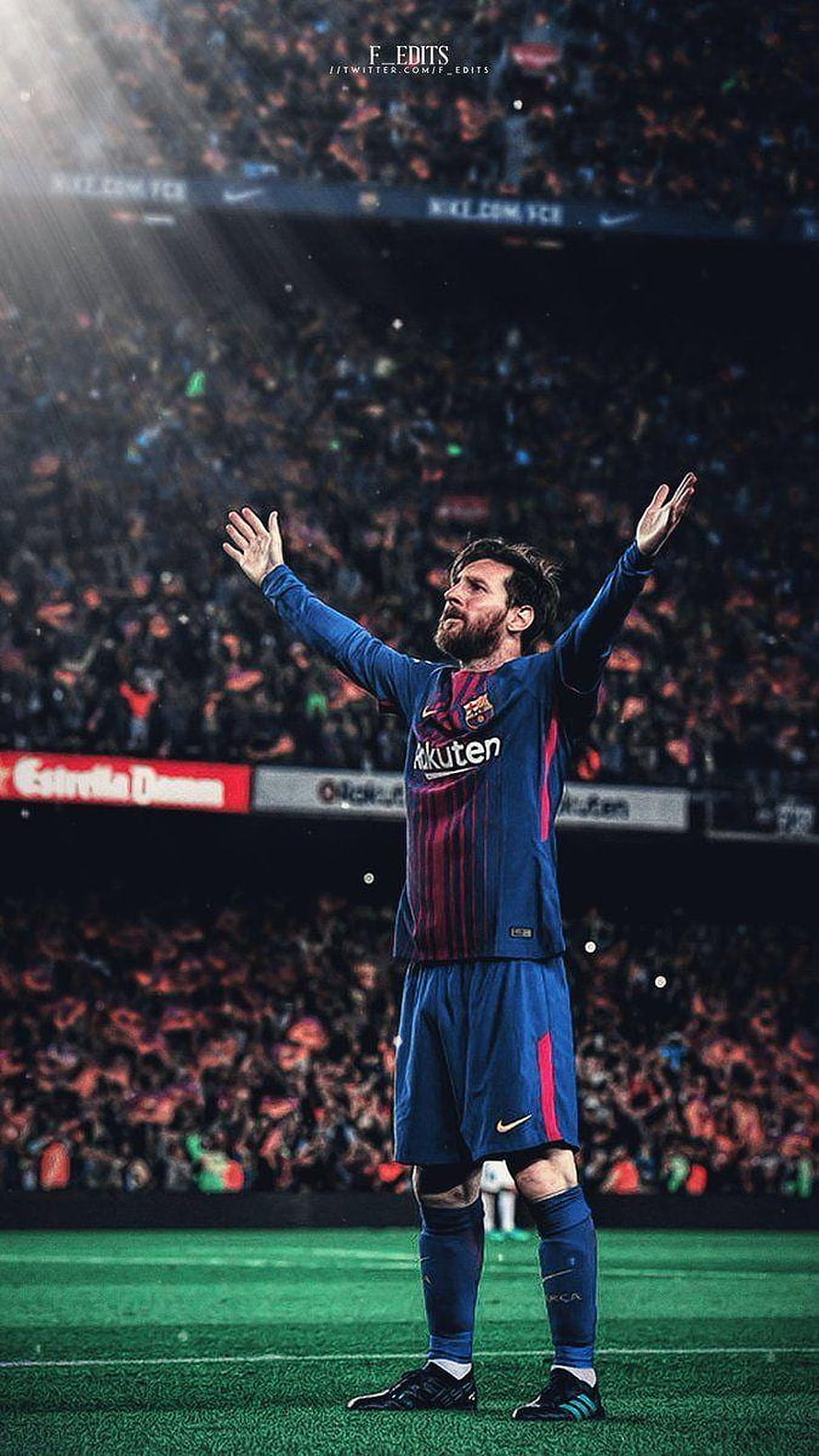 Lionel Messi in Barcelona Kit with Arms Raised on the Pitch HD phone wallpaper