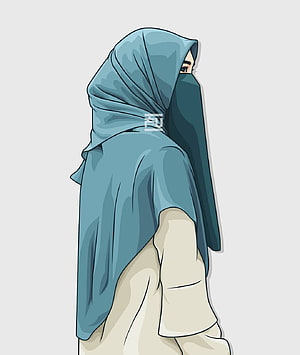 Cartoon Illustration of a Muslimah Woman Wearing a Blue Hijab and Niqab, Muslimah Hijab, hijab cartoon girl HD phone wallpaper