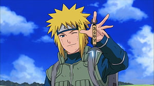 Minato Namikaze Wielding Kunai in Green Flak Jacket Against Blue Sky HD wallpaper