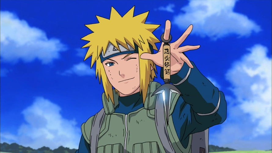 Minato Namikaze Wielding Kunai in Green Flak Jacket Against Blue Sky HD wallpaper