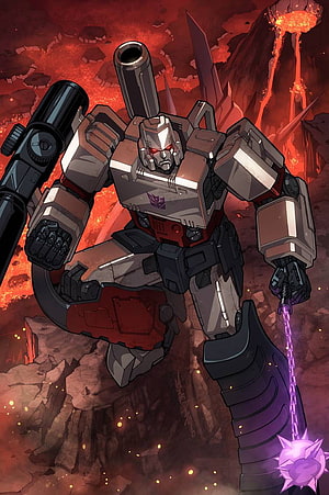 Megatron G1 Decepticon Robot with Cannon and Energy Sword in Volcanic Landscape HD phone wallpaper