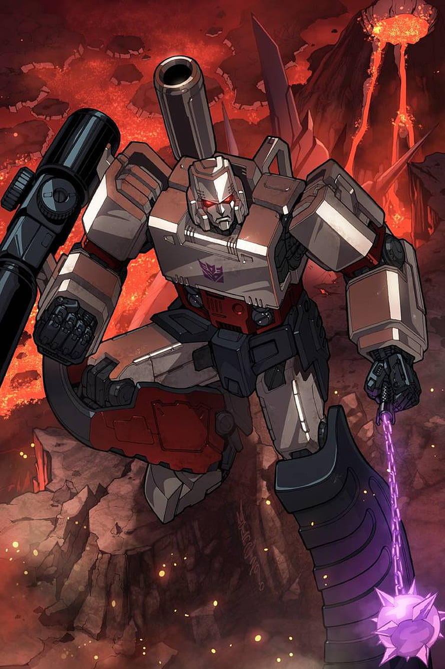 Megatron G1 Decepticon Robot with Cannon and Energy Sword in Volcanic Landscape HD phone wallpaper