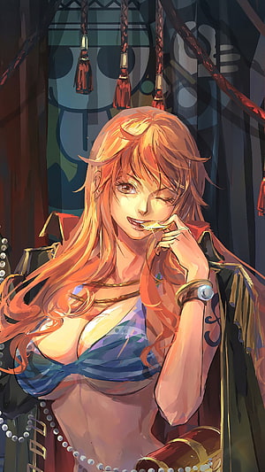 One Piece Nami Anime Character Portrait in Fantasy Attire HD phone wallpaper