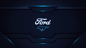 Ford Mustang Neon Logo on Dark Geometric Panel with Blue Accent Lighting HD wallpaper
