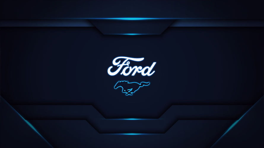 Ford Mustang Neon Logo on Dark Geometric Panel with Blue Accent Lighting HD wallpaper