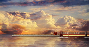 Spirited Away Train Station at Dusk with Dramatic Clouds and Water Reflection HD wallpaper