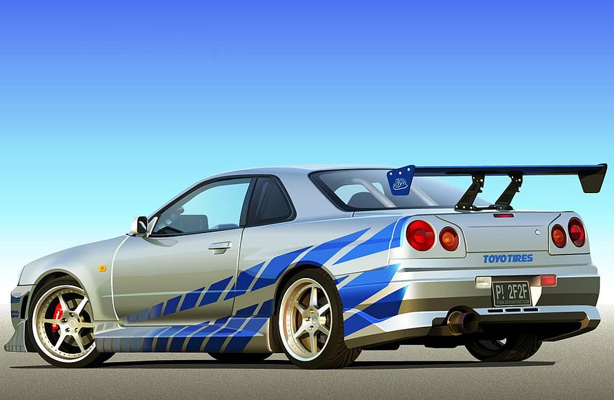 Silver Nissan Skyline R34 GT-R with Blue Racing Livery and Large Rear Wing HD wallpaper