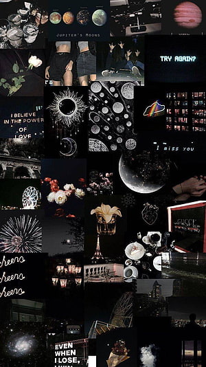 Dark Aesthetic Collage Featuring Celestial Bodies, Night Cityscapes, and Vintage Typography HD phone wallpaper