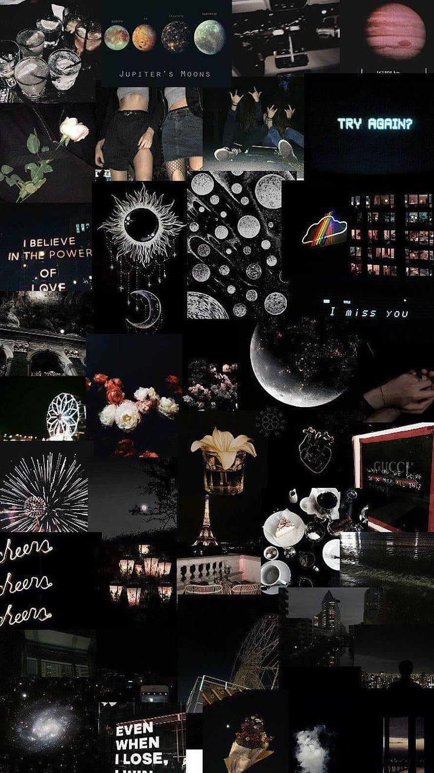 Dark Aesthetic Collage Featuring Celestial Bodies, Night Cityscapes, and Vintage Typography HD phone wallpaper