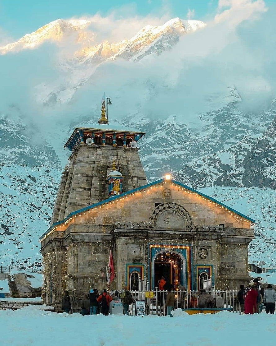 Vaishno Devi Temple in Snowy Himalayas with Golden Sunlight HD phone wallpaper