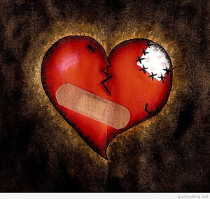 Emotional Artwork of a Cracked Red Heart with Band-Aid and Stitched Patch on Dark Textured Background HD wallpaper