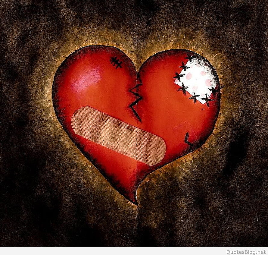 Emotional Artwork of a Cracked Red Heart with Band-Aid and Stitched Patch on Dark Textured Background HD wallpaper