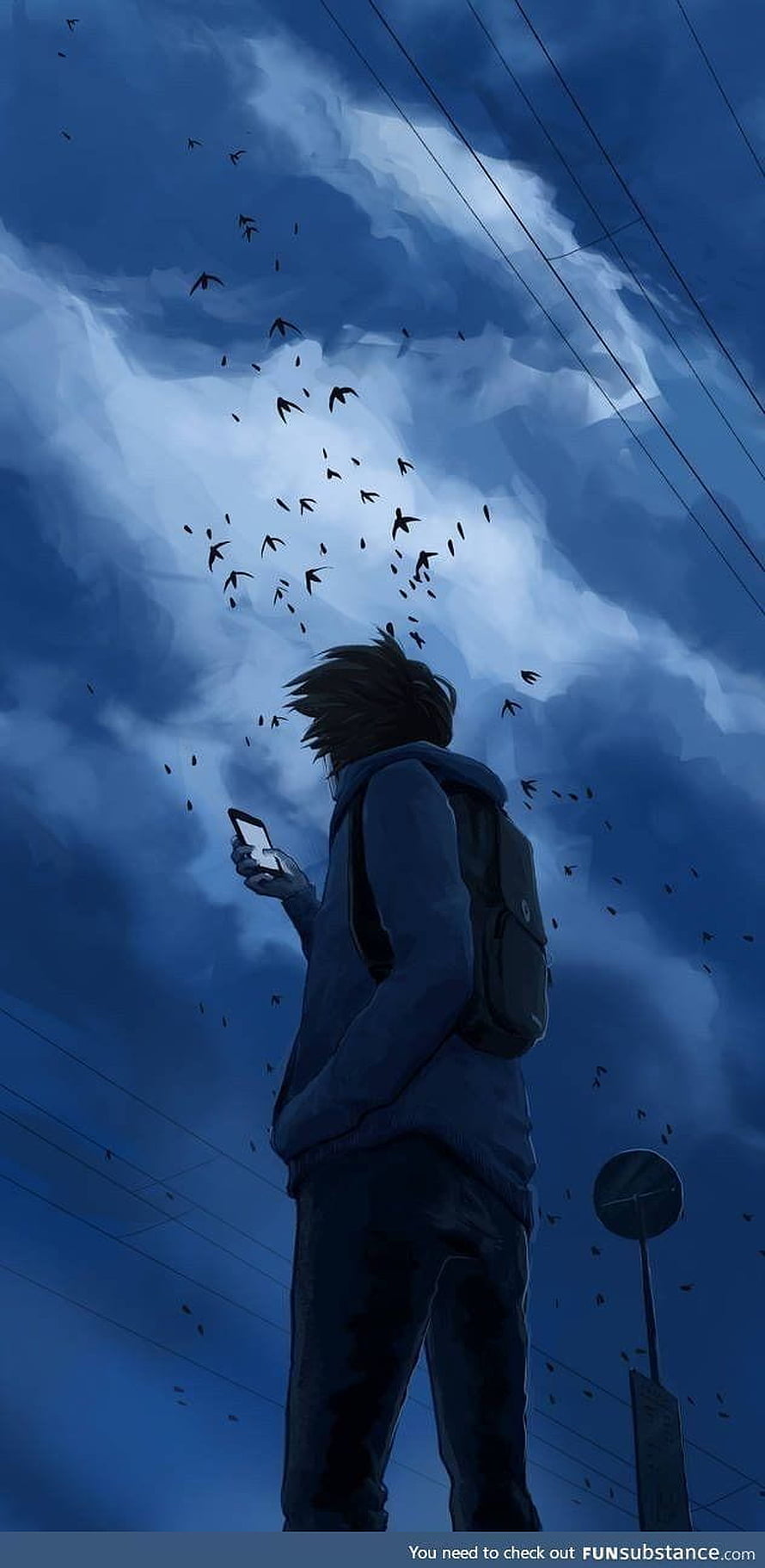 Anime Boy Looking At Phone Under Blue Sky With Birds And Clouds HD phone wallpaper