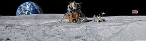 Astronaut Lunar Module and Rover on Moon Surface with Earth in Background HD wallpaper
